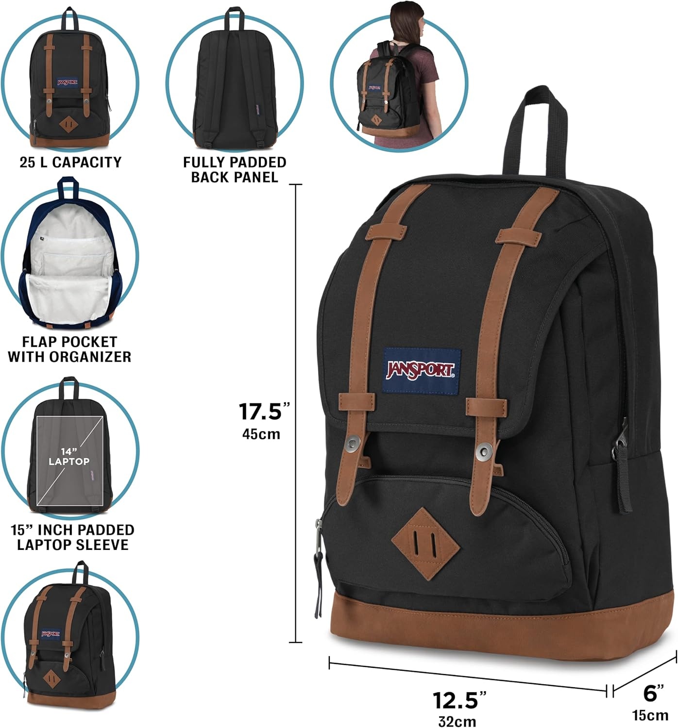 image:imageJanSport Cortlandt Laptop Backpack Russet Red 15 Laptop SleeveSynthetic Leather Shoulder Computer Bag with Large Compartment Padded Straps Rucksack for Men WomenBlack