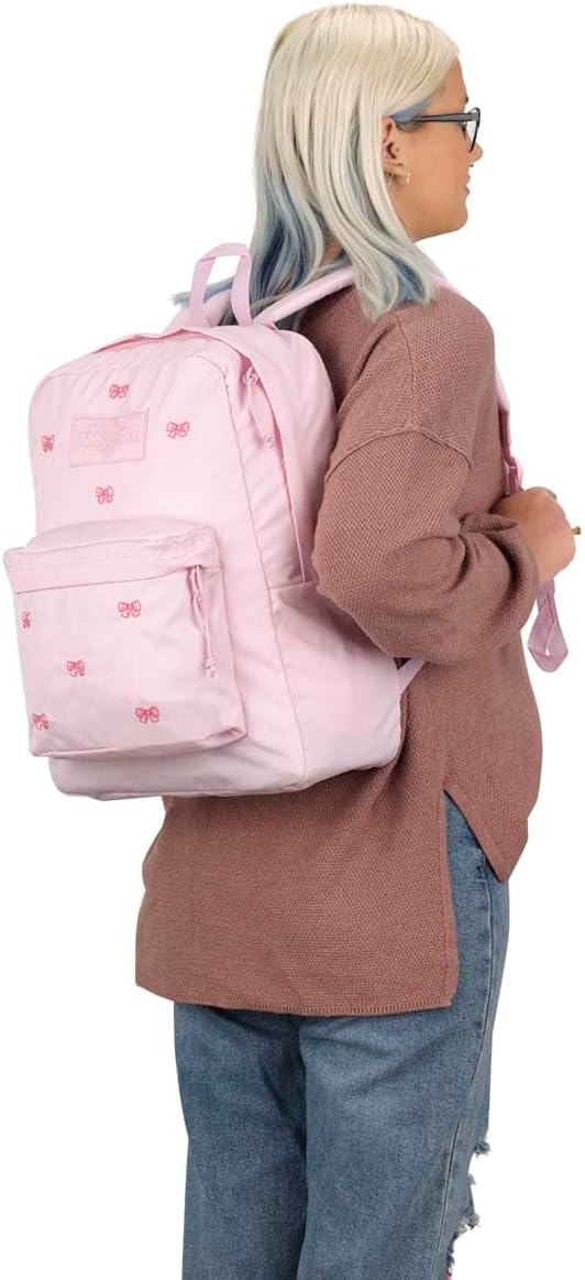 image:imageJanSport Superbreak Plus FX Backpack Work Travel or Laptop Bag with Water Bottle Pocket Surreal Corduroy CoconutEmbroidered Bows